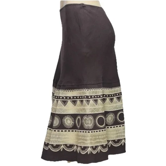 VTG Jones NY‎ Sz 12 Chocolate Brown Lace Linen Embroidered Silk Flare Skirt Boho - Picture 3 of 9